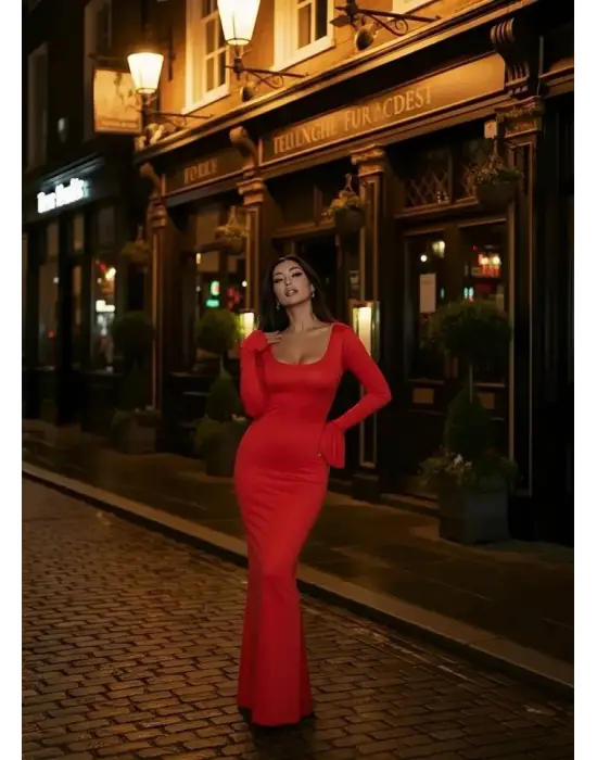 Kadın Uzun Kollu Kare Yaka Volanlı Manşet Detay Maxi Boy Elbise