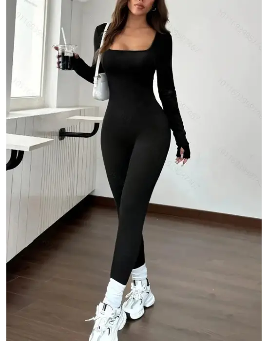 Kadın Uzun Kollu Kare Yakalı Fermuarlı Parmaktan Geçmeli Dalgıç Tulum