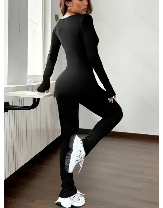 Kadın Uzun Kollu Kare Yakalı Fermuarlı Parmaktan Geçmeli Dalgıç Tulum