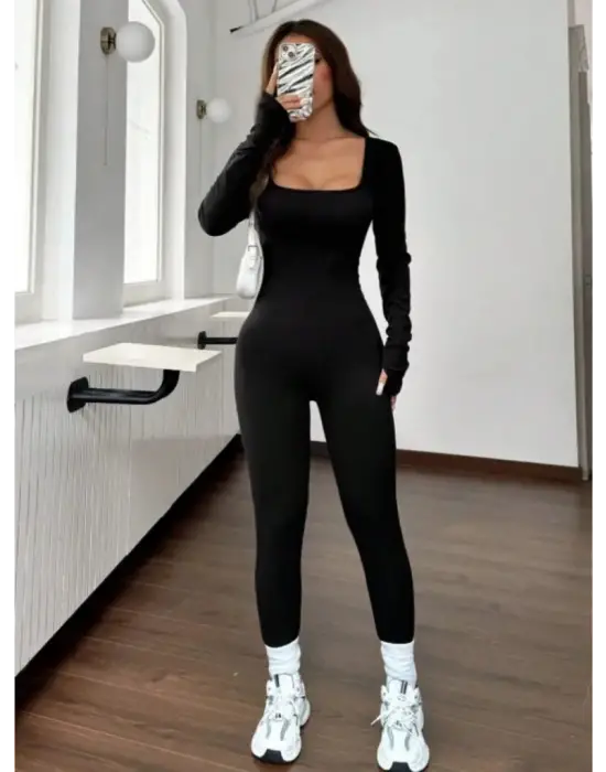 Kadın Uzun Kollu Kare Yakalı Fermuarlı Parmaktan Geçmeli Dalgıç Tulum