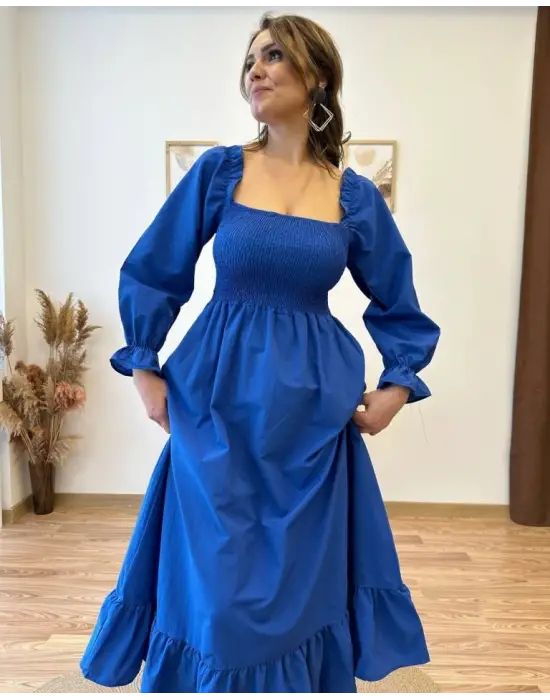 Kadın Uzun Kollu Kare Yakalı Gipeli Uzun Trikoton Elbise