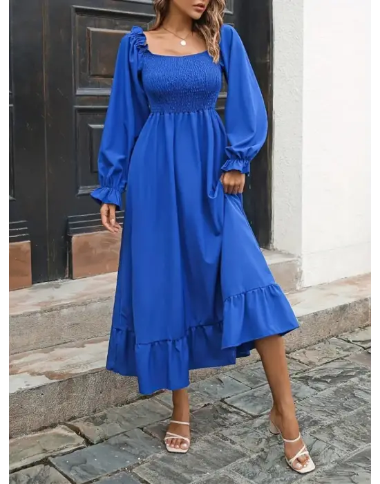 Kadın Uzun Kollu Kare Yakalı Gipeli Uzun Trikoton Elbise