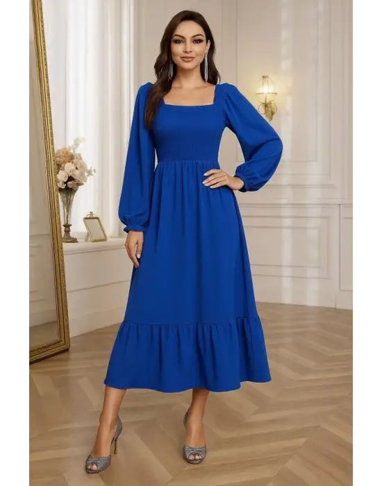 Kadın Uzun Kollu Kare Yakalı Gipeli Uzun Trikoton Elbise