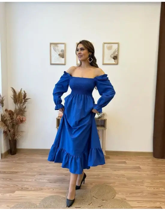 Kadın Uzun Kollu Kare Yakalı Gipeli Uzun Trikoton Elbise