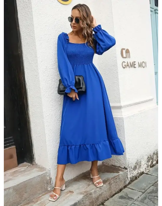 Kadın Uzun Kollu Kare Yakalı Gipeli Uzun Trikoton Elbise