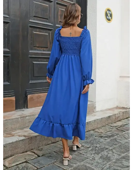 Kadın Uzun Kollu Kare Yakalı Gipeli Uzun Trikoton Elbise