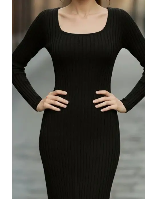 Kadın Uzun Kollu Kare Yakalı Midi şardonlu Kaşkorse Elbise