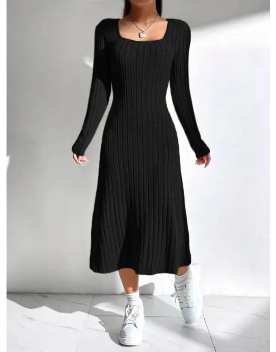 Kadın Uzun Kollu Kare Yakalı Midi şardonlu Kaşkorse Elbise