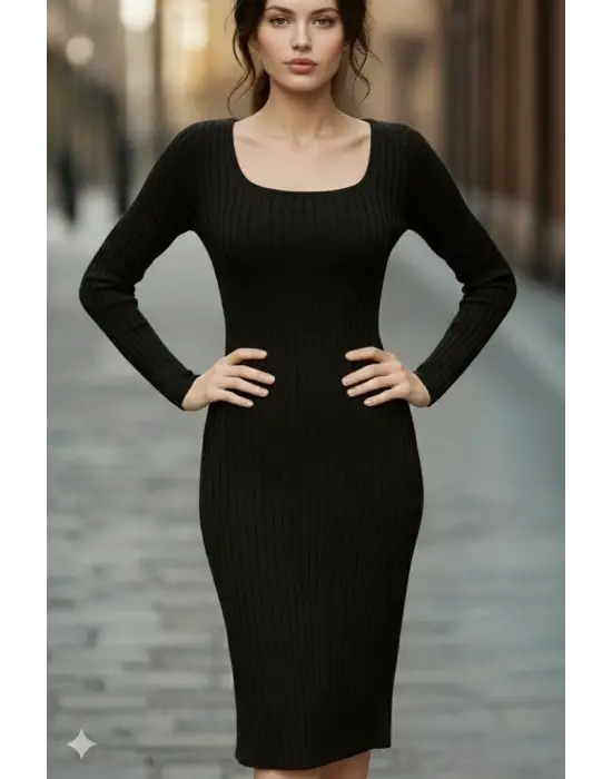 Kadın Uzun Kollu Kare Yakalı Midi şardonlu Kaşkorse Elbise