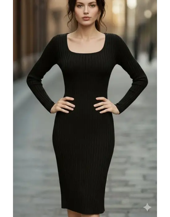 Kadın Uzun Kollu Kare Yakalı Midi şardonlu Kaşkorse Elbise