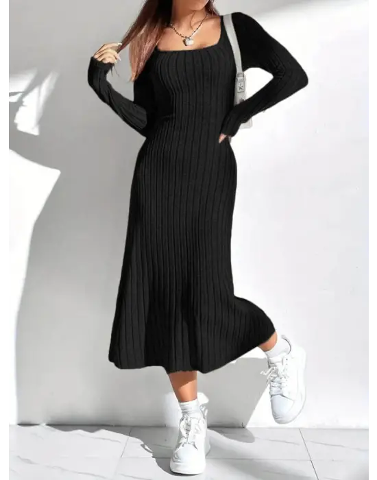 Kadın Uzun Kollu Kare Yakalı Midi şardonlu Kaşkorse Elbise