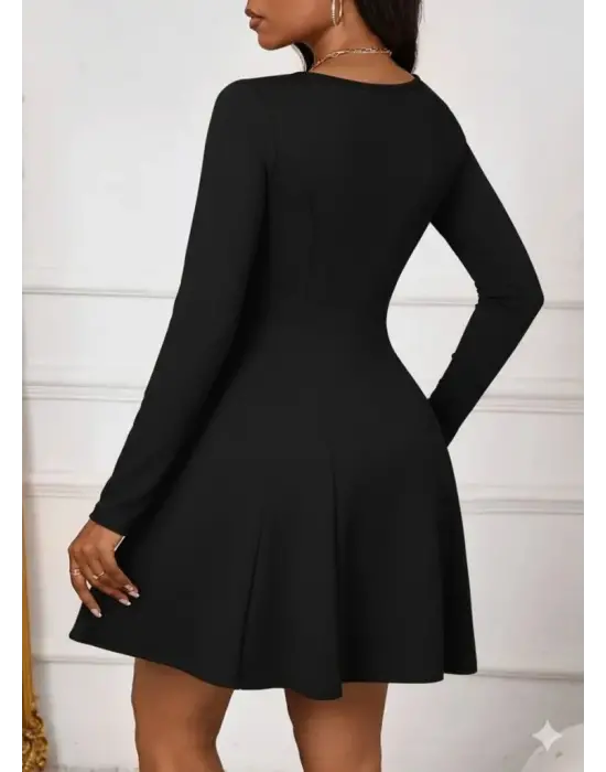 Kadın Uzun Kollu Kare Yakalı Mini Ithal Krep Elbise