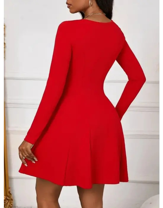 Kadın Uzun Kollu Kare Yakalı Mini Ithal Krep Elbise