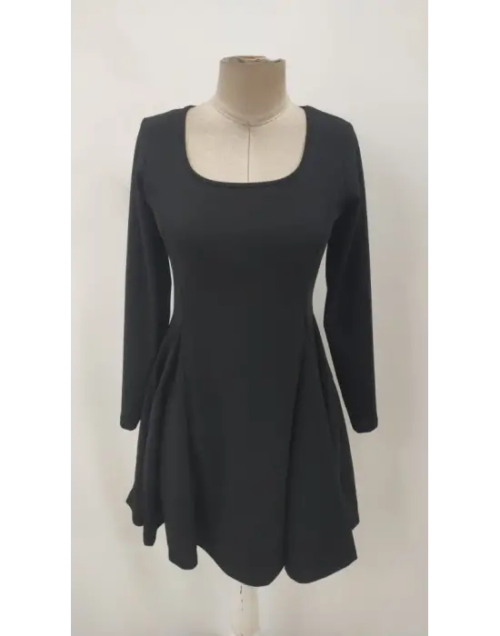 Kadın Uzun Kollu Kare Yakalı Mini Ithal Krep Elbise