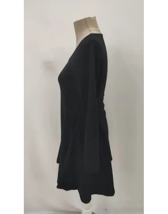 Kadın Uzun Kollu Kare Yakalı Mini Ithal Krep Elbise