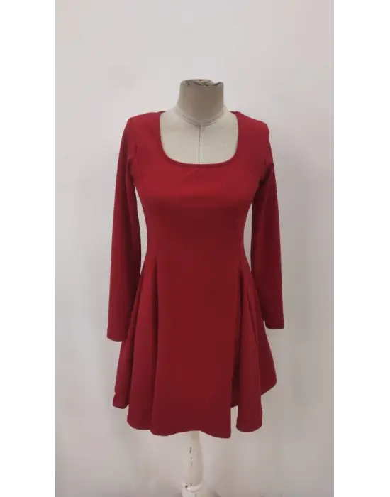 Kadın Uzun Kollu Kare Yakalı Mini Ithal Krep Elbise