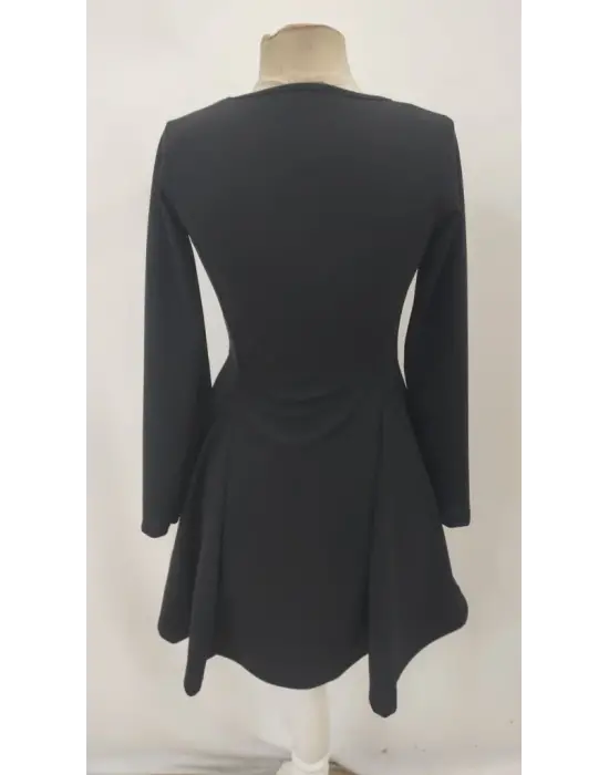 Kadın Uzun Kollu Kare Yakalı Mini Ithal Krep Elbise