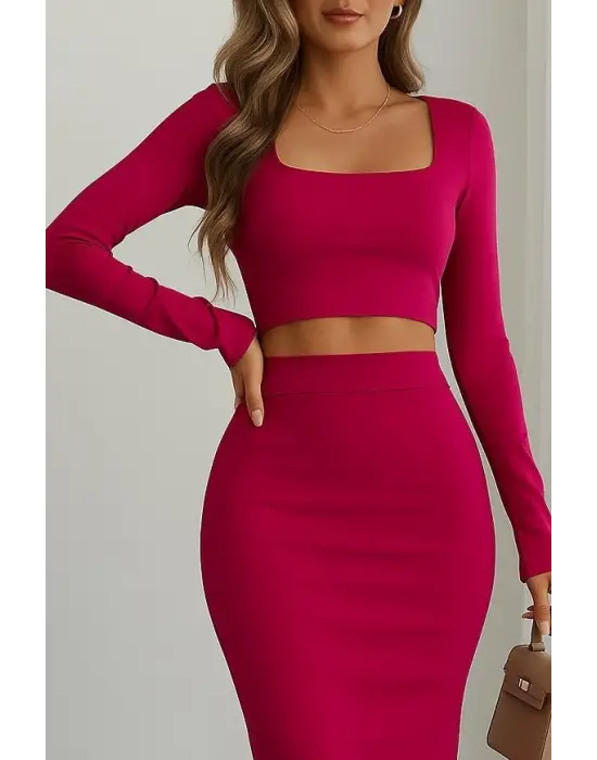 Kadın Uzun Kollu Kaşkorse Crop Ve Etek Takım