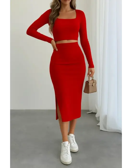 Kadın Uzun Kollu Kaşkorse Crop Ve Etek Takım