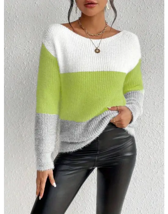 Kadın Uzun Kollu Kayık Yaka çok Renkli Triko Bluz