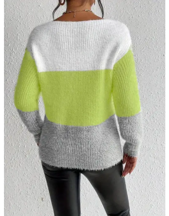 Kadın Uzun Kollu Kayık Yaka Renkli Triko Bluz