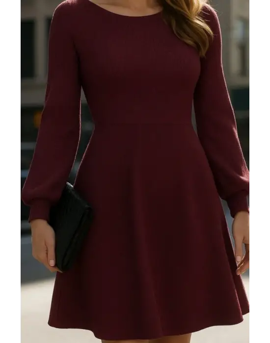 Kadın Uzun Kollu Kayık Yaka Kısa Triko Elbise