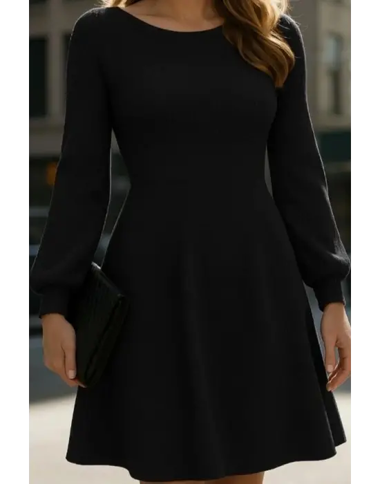 Kadın Uzun Kollu Kayık Yaka Kısa Triko Elbise