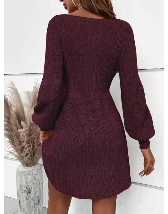 Kadın Uzun Kollu Kayık Yaka Kısa Triko Elbise