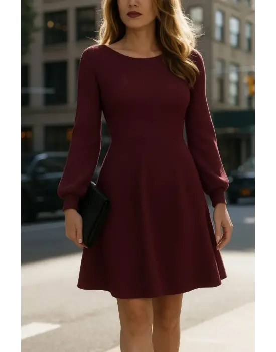 Kadın Uzun Kollu Kayık Yaka Kısa Triko Elbise