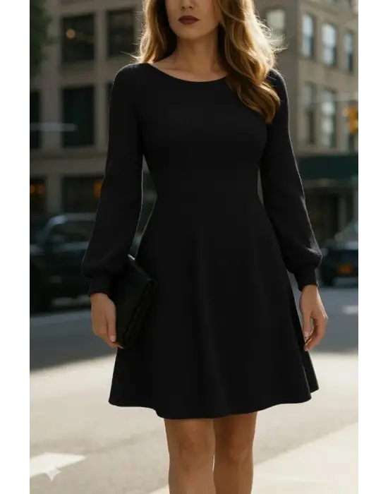 Kadın Uzun Kollu Kayık Yaka Kısa Triko Elbise