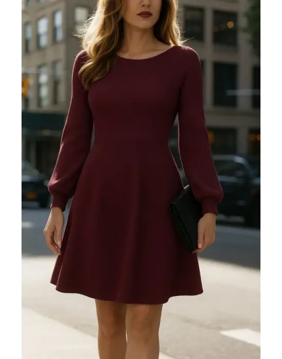 Kadın Uzun Kollu Kayık Yaka Kısa Triko Elbise