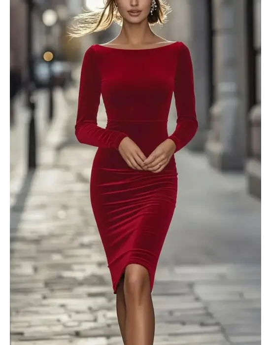 Kadın Uzun Kollu Kayık Yaka Mini Kadife Elbise