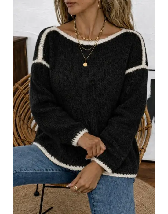 Kadın Uzun Kollu Kayık Yaka Triko Bluz