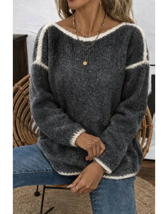 Kadın Uzun Kollu Kayık Yaka Triko Bluz