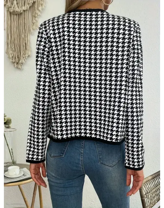 Omarı Kadın Uzun Kollu Kaz Ayağı Desenli Ceket