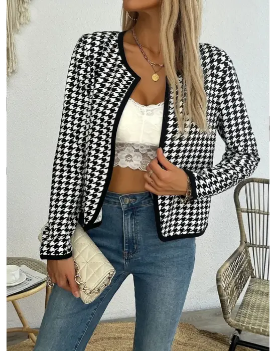 Kadın Uzun Kollu Kaz Ayağı Desenli şardonlu Dalgıç Ceket