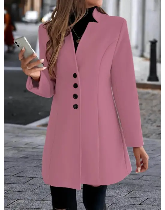 Kadın Uzun Kollu Kırlangıç Yaka önden Düğmeli Kısa Kaşe Kaban