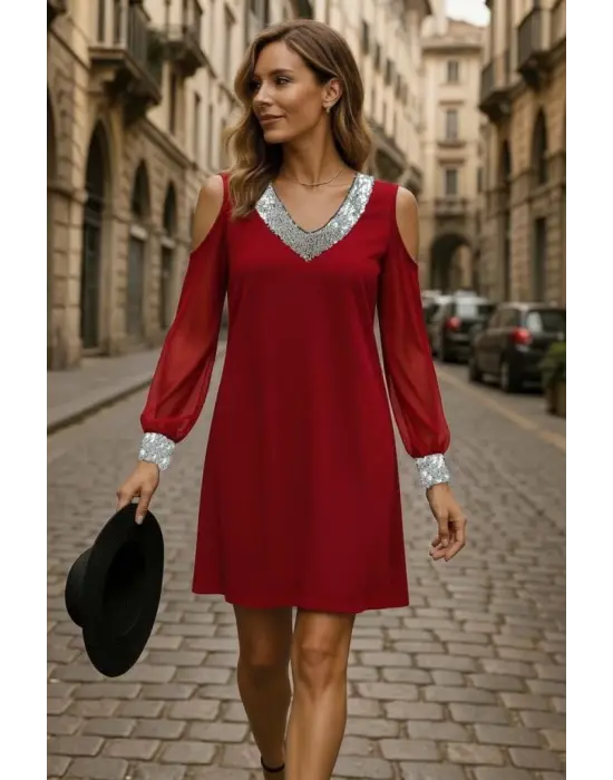 Modern V Yakalı Janjan Krep Elbise