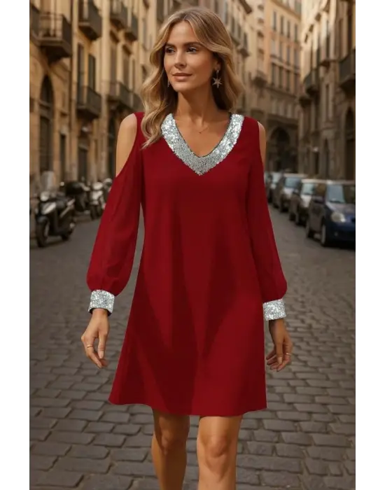 Modern V Yakalı Janjan Krep Elbise