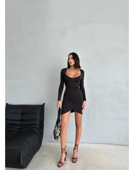 Omarı Derin Dekolteli Kruvaze Etek Detaylı Mini Elbise