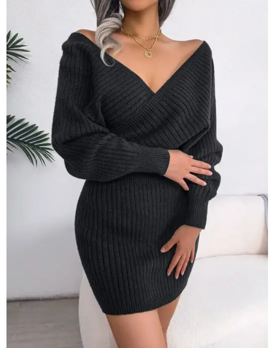 Kadın Uzun Kollu Kruvaze Geniş Yakalı Mini Triko Elbise