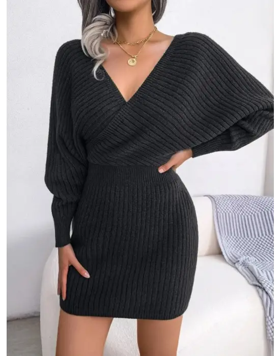 Kadın Uzun Kollu Kruvaze Geniş Yakalı Mini Triko Elbise