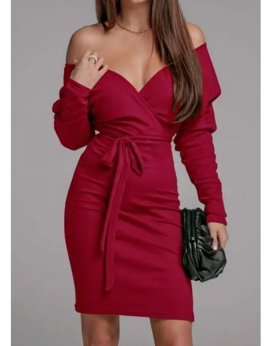 Kadın Uzun Kollu Kruvaze Yaka Bağcık Detay Akrilik Mini Boy Elbise