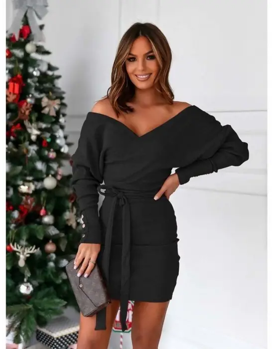 Kadın Uzun Kollu Kruvaze Yaka Bağcık Detay Akrilik Mini Boy Elbise