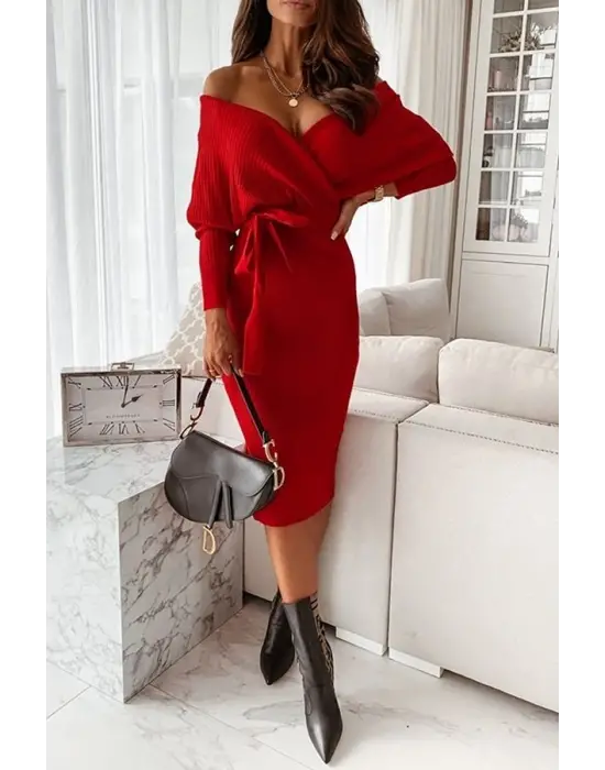 Kadın Uzun Kollu Kruvaze Yaka Bağcık Detay Akrilik Mini Boy Elbise