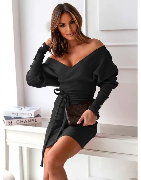 Kadın Uzun Kollu Kruvaze Yaka Bağcık Detay Akrilik Mini Boy Elbise