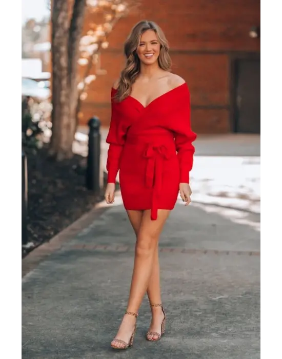 Kadın Uzun Kollu Kruvaze Yaka Bağcık Detay Akrilik Mini Boy Elbise