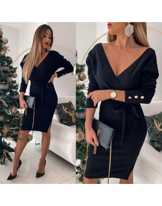 Kadın Uzun Kollu Kruvaze Yaka Bağcık Detay Akrilik Mini Boy Elbise