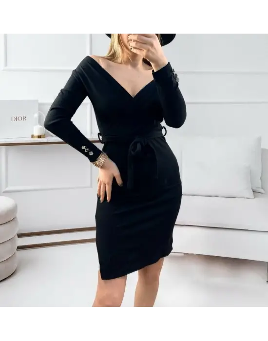 Kadın Uzun Kollu Kruvaze Yaka Bağcık Detay Akrilik Mini Boy Elbise