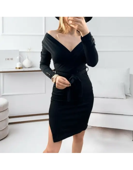 Kadın Uzun Kollu Kruvaze Yaka Bağcık Detay Akrilik Mini Boy Elbise